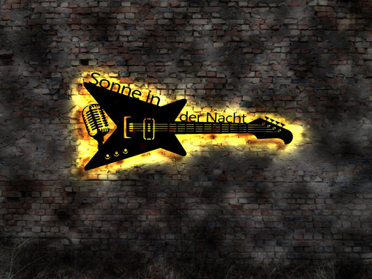 LED Leuchtschild Sonne in der Nacht  Gitarre Guitar Leuchtreklame Schild Neonreklame sign  Wunschtext Anfertigung nach Wunsch Holzschild