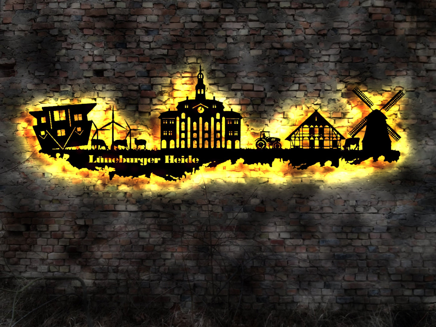 Skyline Lüneburger Heide LED Wandbild Holz Stadt AK Karte Map Stadtplan Wandsticker Leuchtbild Neonreklame Wandtattoo Reiseführer Silhouette