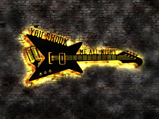 LED Leuchtschild  You Shook me All Night Gitarre Guitar Leuchtreklame Schild Neonreklame sign  Wunschtext Anfertigung nach Wunsch Holzschild