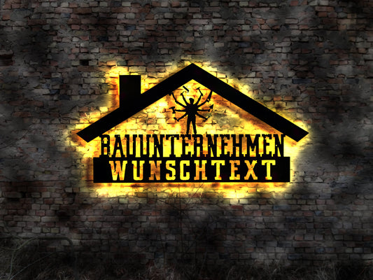 Beleuchtet Bauunternehmen Baufirma Handwerker Allrounder Maurerarbeiten Hochbau mauern Tiefbau Holzbau Schild Firmenschild Schilder Emblem