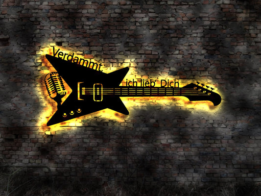 LED Leuchtschild Verdammt ich lieb Dich Gitarre Guitar Leuchtreklame Schild Neonreklame sign  Wunschtext Anfertigung nach Wunsch Holzschild