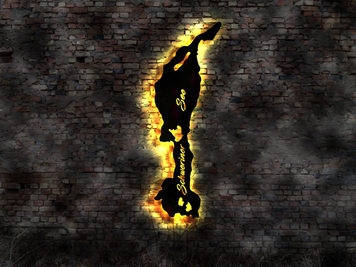 Schweriner See  MW LED Wandbild Holz Stadt AK Karte Map Stadtplan Wandsticker Leuchtbild Neonreklame Wandtattoo Reiseführer Silhouette