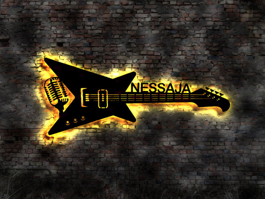 LED Leuchtschild Nessaja   Gitarre Guitar Leuchtreklame Schild Neonreklame sign  Wunschtext Anfertigung nach Wunsch Holzschild