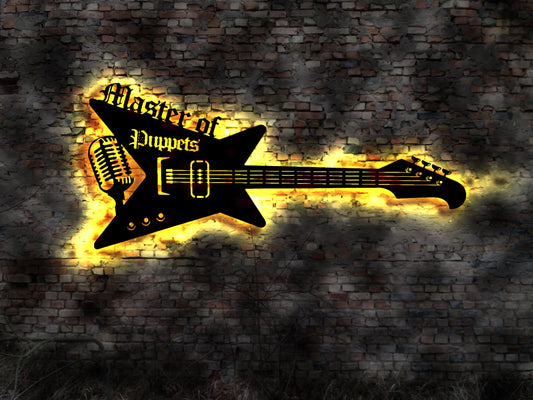 LED Leuchtschild Master of Puppets Gitarre Guitar Leuchtreklame Schild Neonreklame sign  Wunschtext Anfertigung nach Wunsch Holzschild
