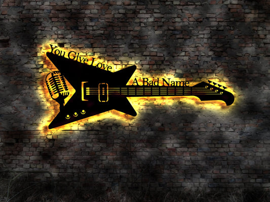 LED Leuchtschild  You Give  Love A Bad Name  Guitar Leuchtreklame Schild Neonreklame sign  Wunschtext Anfertigung nach Wunsch Holzschild