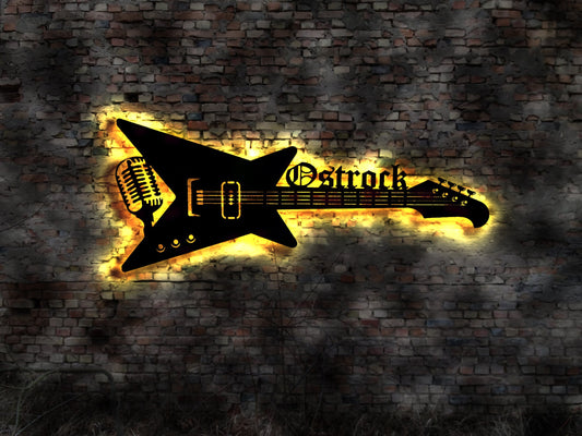 LED Leuchtschild Ostrock Ostalgie DDR Ossie Rock Guitar Leuchtreklame Schild Neonreklame sign  Wunschtext Anfertigung nach Wunsch Holzschild