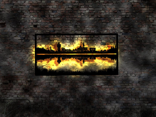 Langeoog Abendstimmung Skyline Insel  Sonnenuntergang  LED Wandbild Holz romantisches Geschenk Romaniker  Wandtattoo Reiseführer Silhouette