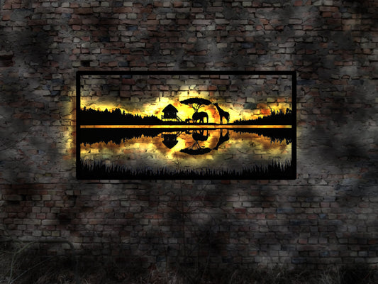 Afrika  Abendstimmung Skyline Savanne Sonnenuntergang  LED Wandbild Holz romantisches Geschenk Romaniker  Wandtattoo Reiseführer Silhouette