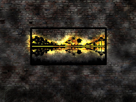 Wunschtext  Palmen  Abendstimmung Skyline Savanne Sonnenuntergang  LED Wandbild Holz romantisches  Wandtattoo Reiseführer Silhouette