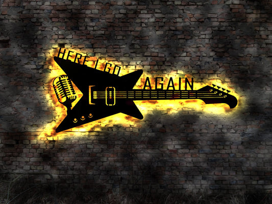 LED Leuchtschild Here I go Again Gitarre Guitar Leuchtreklame Schild Neonreklame sign  Wunschtext Anfertigung nach Wunsch Holzschild