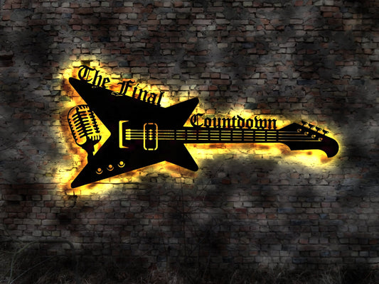 LED Leuchtschild The Final Countdown Gitarre Guitar Leuchtreklame Schild Neonreklame sign  Wunschtext Anfertigung nach Wunsch Holzschild
