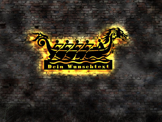 LED Schild Drachenboot Boot Drachen Rennboot Paddelboot Paddel paddeln Wettbewerb Holz geschnitzt Drachenbootfest Wunschtext Name