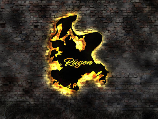 Skyline Insel Rügen Ostsee LED Wandbild Holz Stadt  Karte Map Stadtplan Wandsticker Leuchtbild Neonreklame Wandtattoo Reiseführer Silhouette