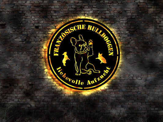 Aufzucht Französische Bulldogge LED Wandbild aus Holz Welpen Welpe Buch Hund Dog Zucht Züchter Geschirr Futternapf Leine Leckerlies Halsband