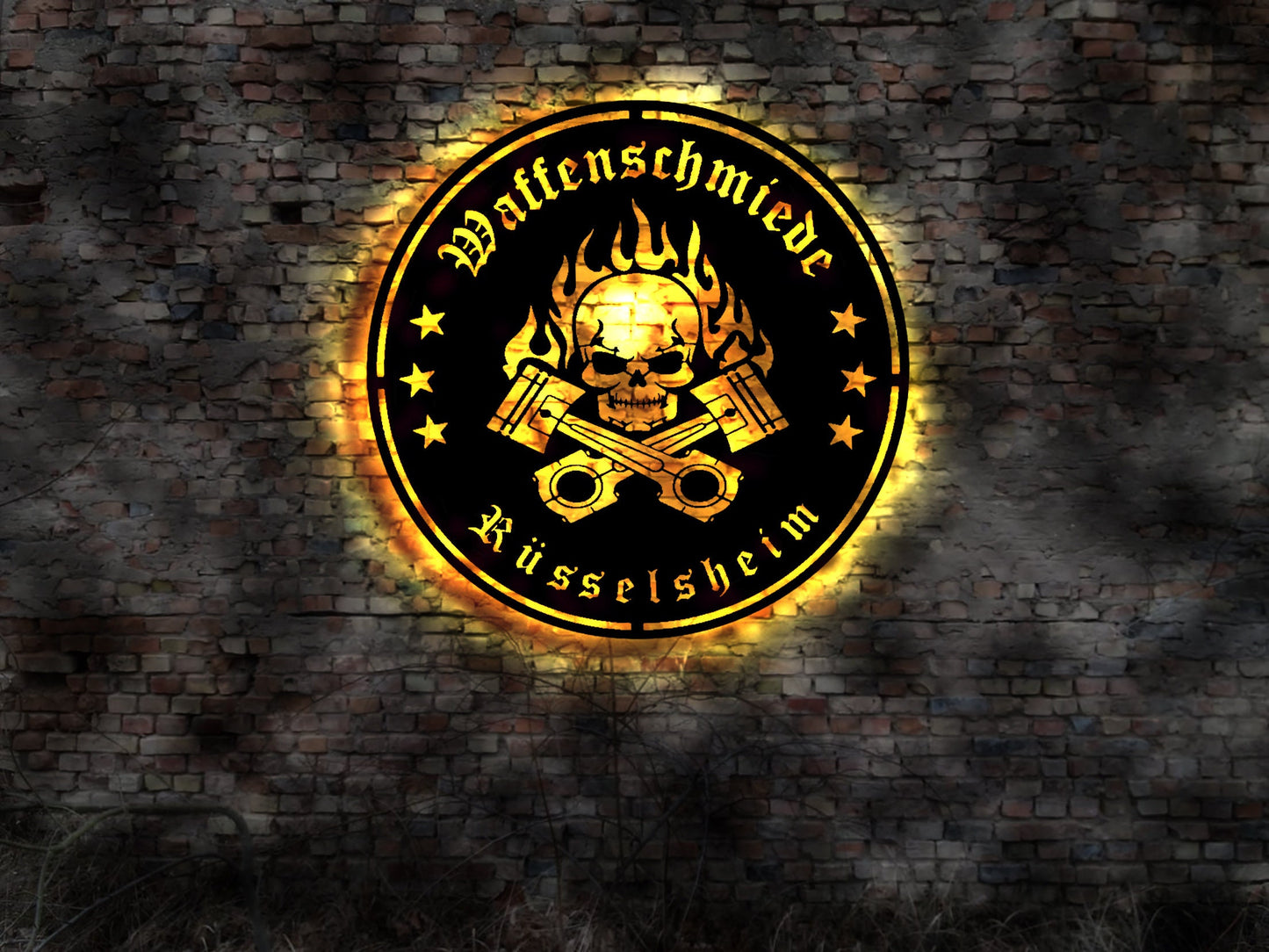 Waffenschmiede Rüsselsheim   Stadt Skyline Silhouette Aufkleber Aufnäher Fahne Flagge Tattoo Wandtattoo logo Symbol Stadtführer Plan