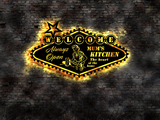 LED Holzschild  "Mum's Kitchen" Küche Diner Bar Pin Up Kochen Haushalt  Retro Küchenschild  Blechschild Leuchtschild Wandsticker Leuchtbild