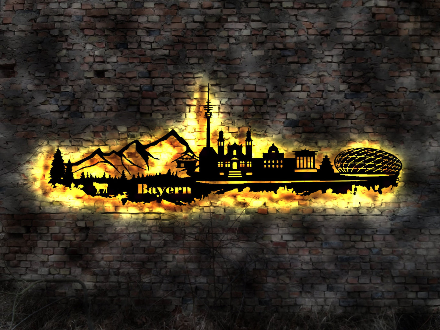 Skyline Bundesland Bayern LED Wandbild Holz Stadt  Karte Stadtplan  Süddeutschland  Reiseführer Silhouette Gebirge Alpen Kühe