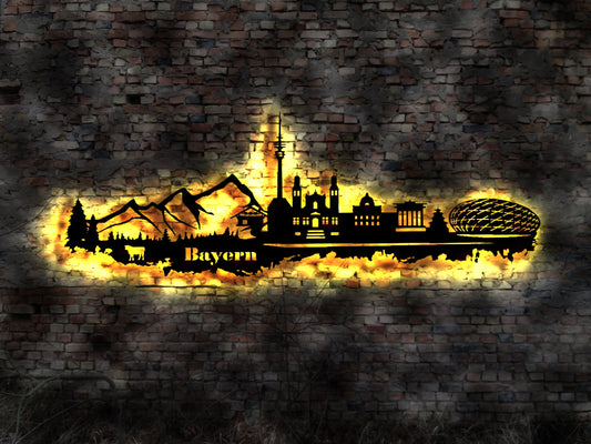 Skyline Bundesland Bayern LED Wandbild Holz Stadt  Karte Stadtplan  Süddeutschland  Reiseführer Silhouette Gebirge Alpen Kühe