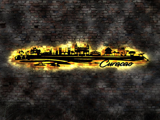Skyline Insel Curacao LED Wandbild Holz Stadt AK Karte Map Wandsticker Leuchtbild Neonreklame Wandtattoo Reiseführer Silhouette