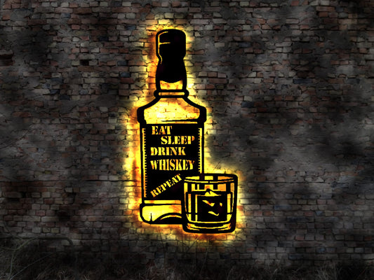 Eat sleep drink Whiskey repeat Bar  no Gläser Irish drink bottle Fass Bar Tresen Holzfass Whyskeyfass Sammler  Collection Whiski sign Schild