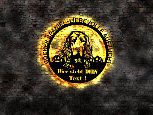 Aufzucht Cocker Spaniel LED Wandbild aus Holz Welpen Welpe Buch Hund Dog Zucht Züchter Geschirr Futternapf Leine Leckerlies Halsband