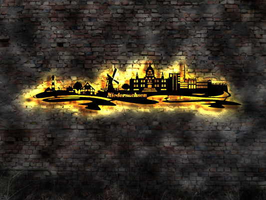 Skyline Bundesland Niedersachsen  LED Wandbild Holz Stadt  Karte Stadtplan Hannover Braunschweig Oldenburg Reiseführer Silhouette