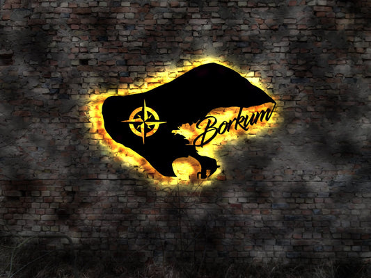 Skyline Borkum  Wattenmeer  LED Wandbild Insel  Holz Stadt AK Karte  Stadtplan Wandsticker Leuchtbild  Wandtattoo Reiseführer Silhouette