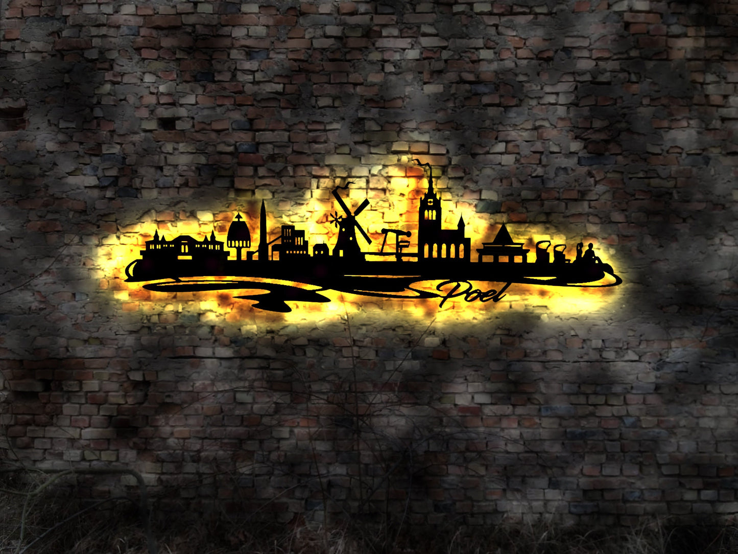 Skyline Poel Pöl Pöhl MV LED Wandbild Holz Stadt AK Karte Map Stadtplan Wandsticker Leuchtbild Neonreklame Wandtattoo Reiseführer Silhouette
