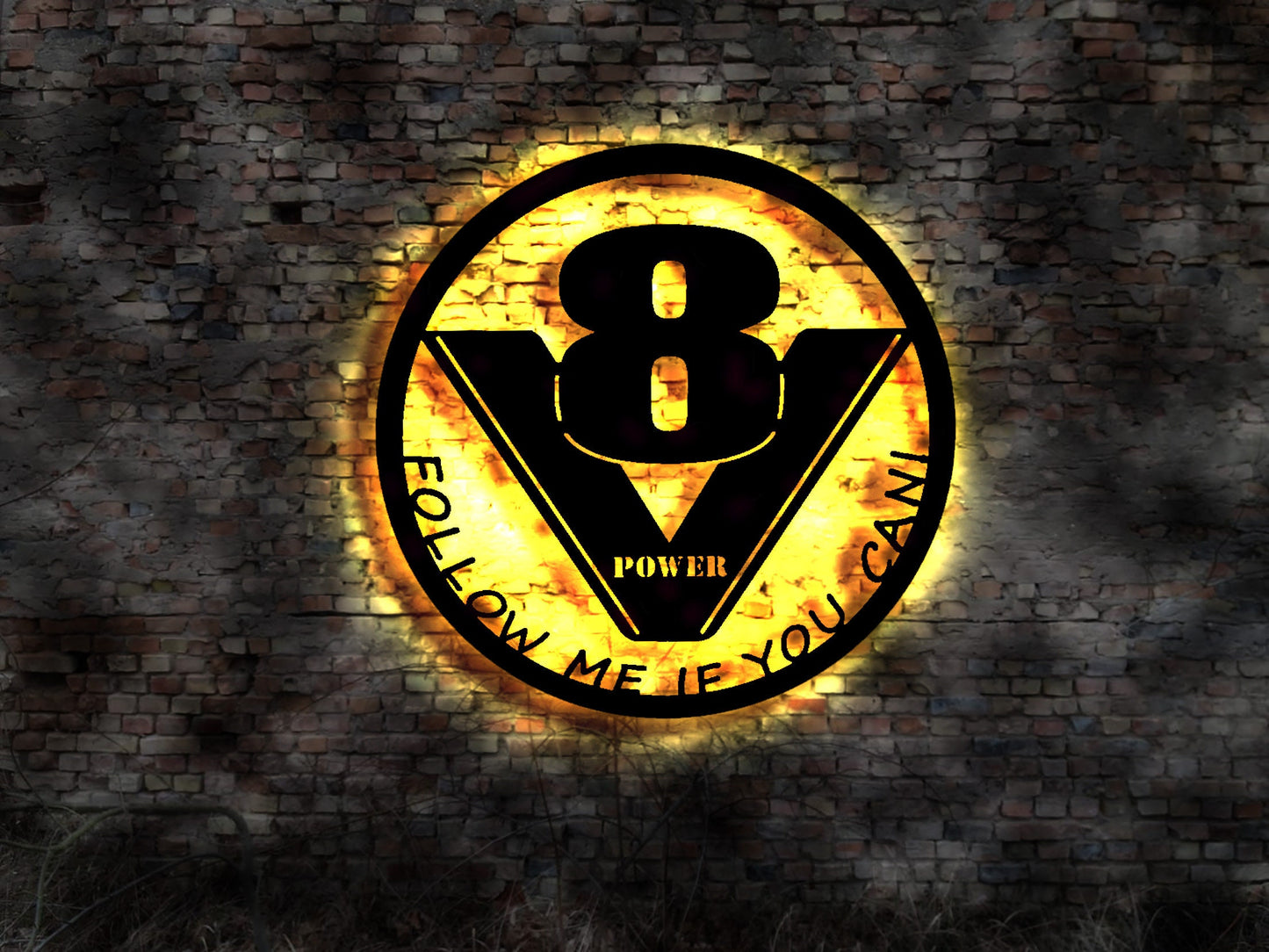 V8 Schild Follow me if you can