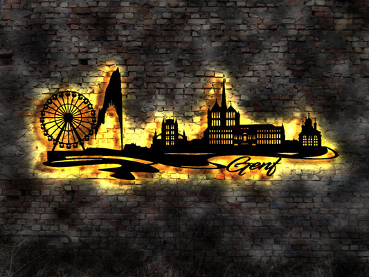 3D LED Bild Skyline Silhouette Genf Stadt no Aufkleber