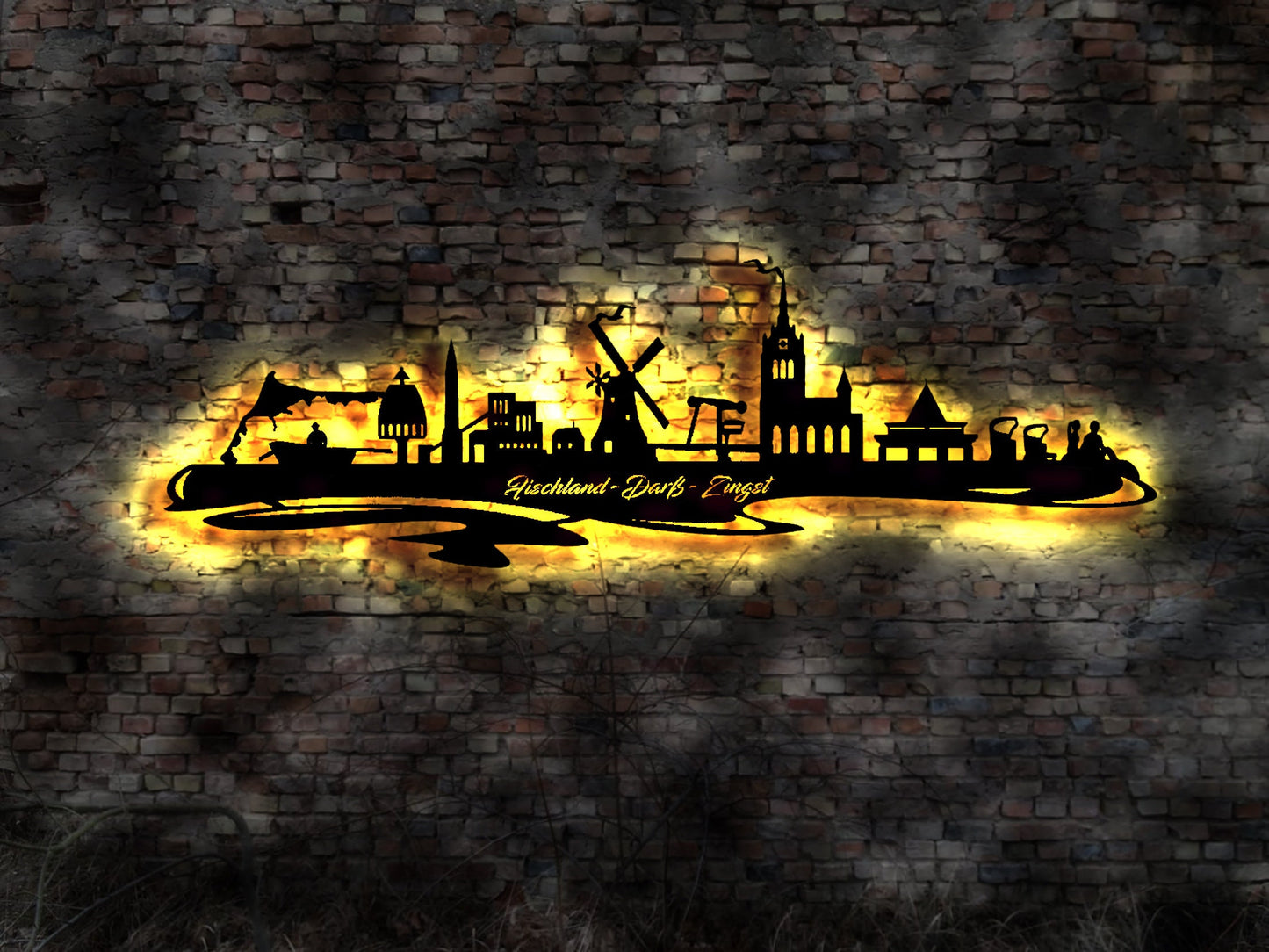 Skyline Fischland Darß-Zingst LED Wandbild Holz Stadt AK Karte Map Stadtplan Wandsticker Leuchtbild Neonreklame Wandtattoo Darß Zingst