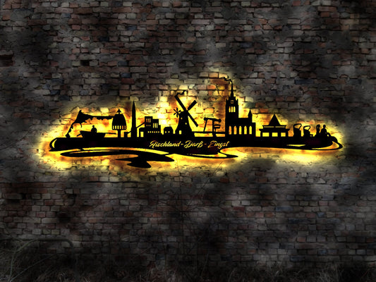 Skyline Fischland Darß-Zingst LED Wandbild Holz Stadt AK Karte Map Stadtplan Wandsticker Leuchtbild Neonreklame Wandtattoo Darß Zingst