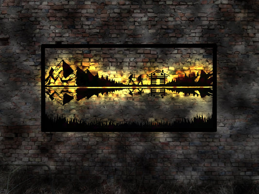 Gebirge  Abendstimmung Skyline  Sonnenuntergang  LED Wandbild Holz romantisches Geschenk Romaniker  Wandtattoo Reiseführer Silhouette