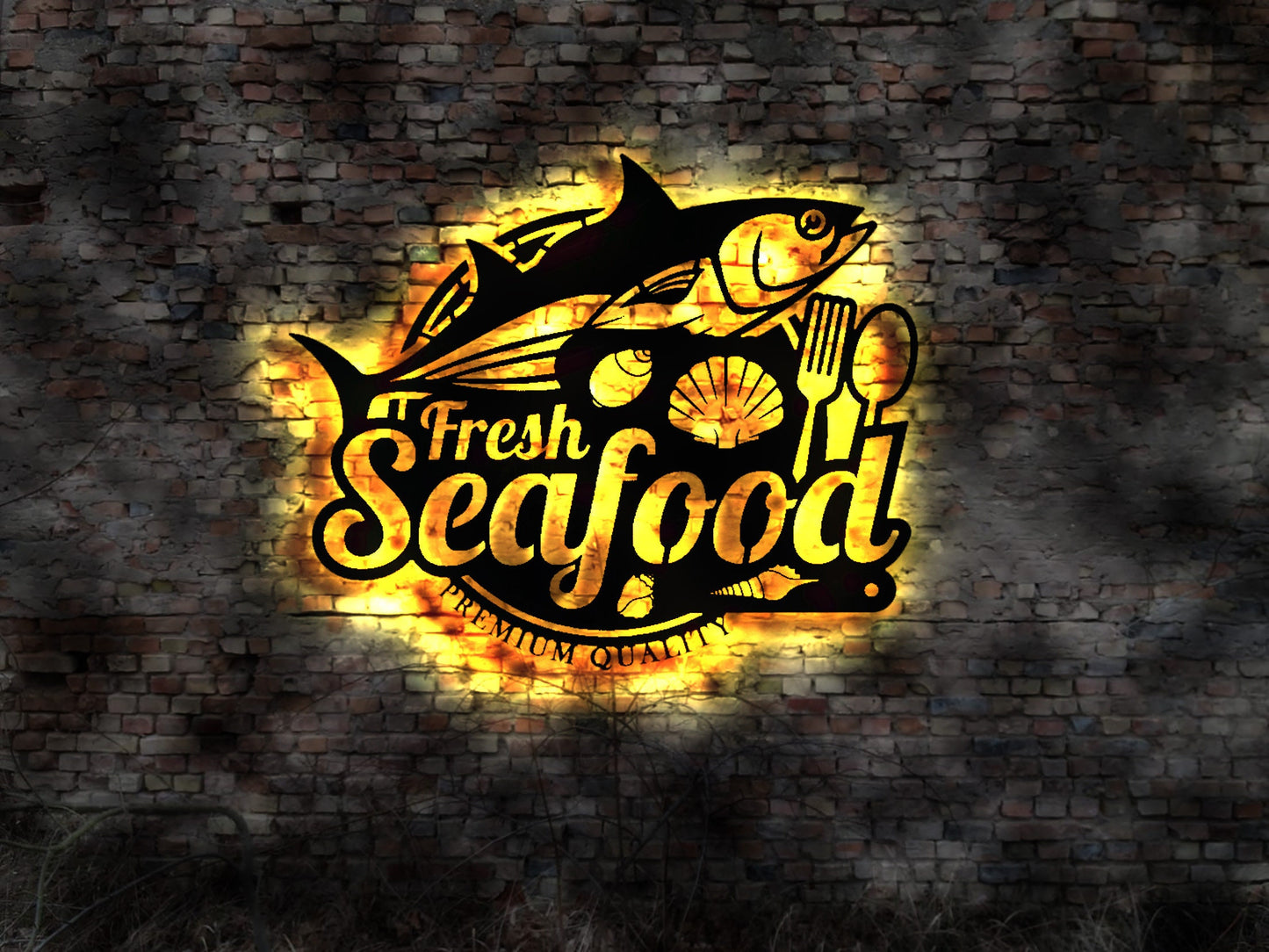 Seafood Restaurant LED sign Leuchtschild Leuchtreklame Wandbild Wandtattoo Silhouette Emblem Schild sign Muscheln