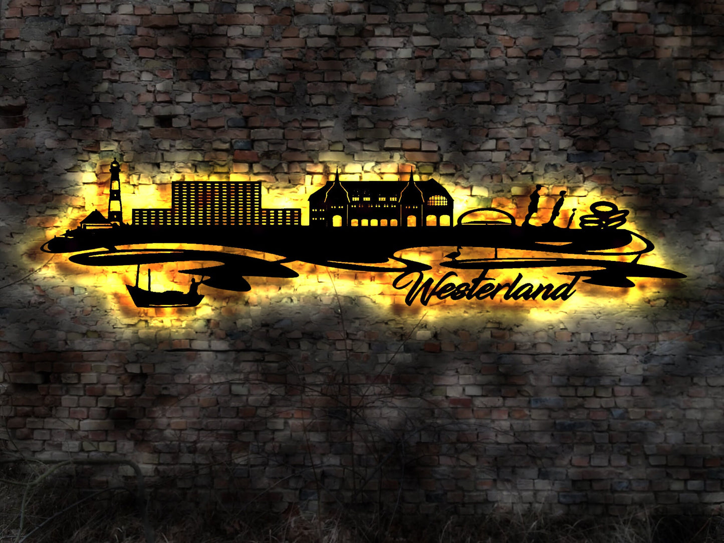 Skyline Westerland Nordsee Urlaub LED Wandbild Holz Stadt AK Karte Map Wandsticker Leuchtbild Neonreklame Wandtattoo Reiseführer Silhouette