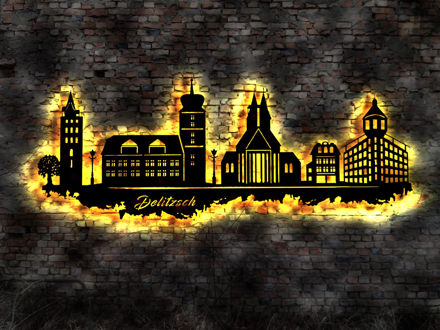 Skyline Delitzsch LED Wandbild Holz Stadt AK Karte Map Stadtplan Wandsticker Leuchtbild Neonreklame Wandtattoo Reiseführer Silhouette