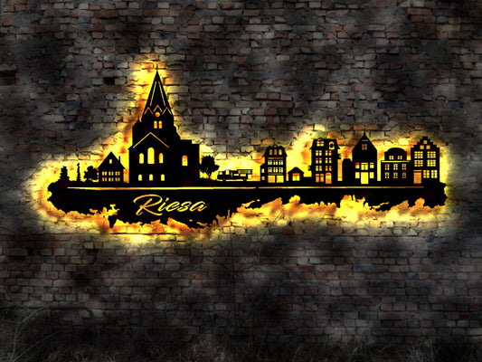 Skyline Riesa LED Wandbild Holz Stadt AK Karte Map Stadtplan Wandsticker Leuchtbild Neonreklame Wandtattoo Reiseführer Silhouette