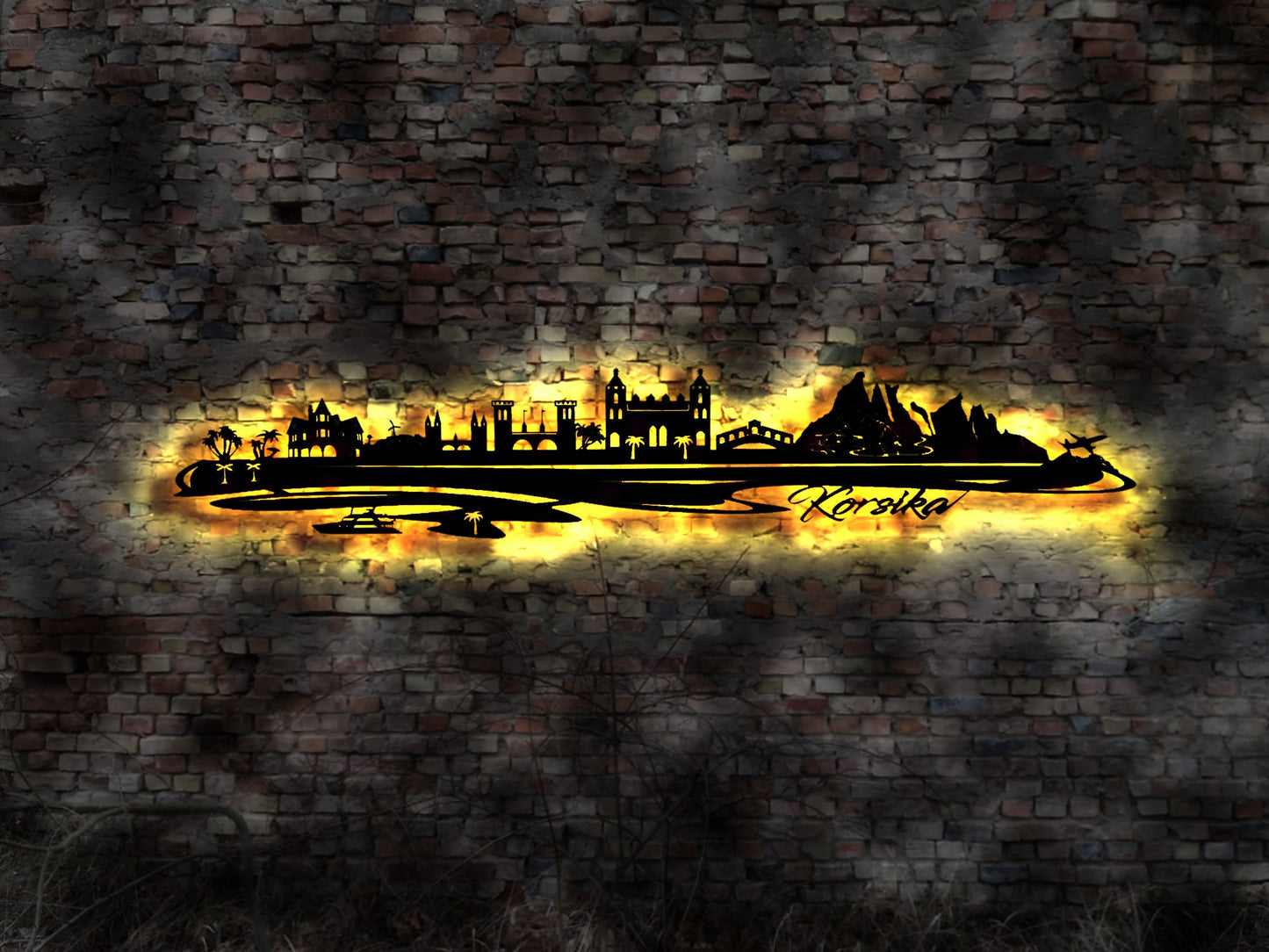 Skyline Korsika Insel  Urlaub  LED Wandbild Holz Stadt AK Karte Map Wandsticker Leuchtbild Neonreklame Wandtattoo Reiseführer Silhouette