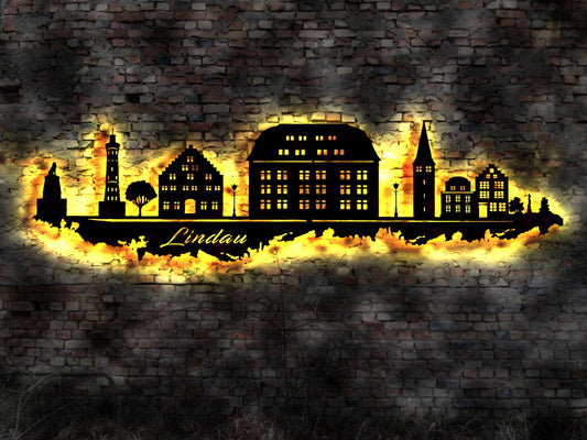 Skyline Lindau am Bodensee  LED Wandbild Holz Stadt AK Karte Map Stadtplan Wandsticker Leuchtbild Wandtattoo Reiseführer Silhouette