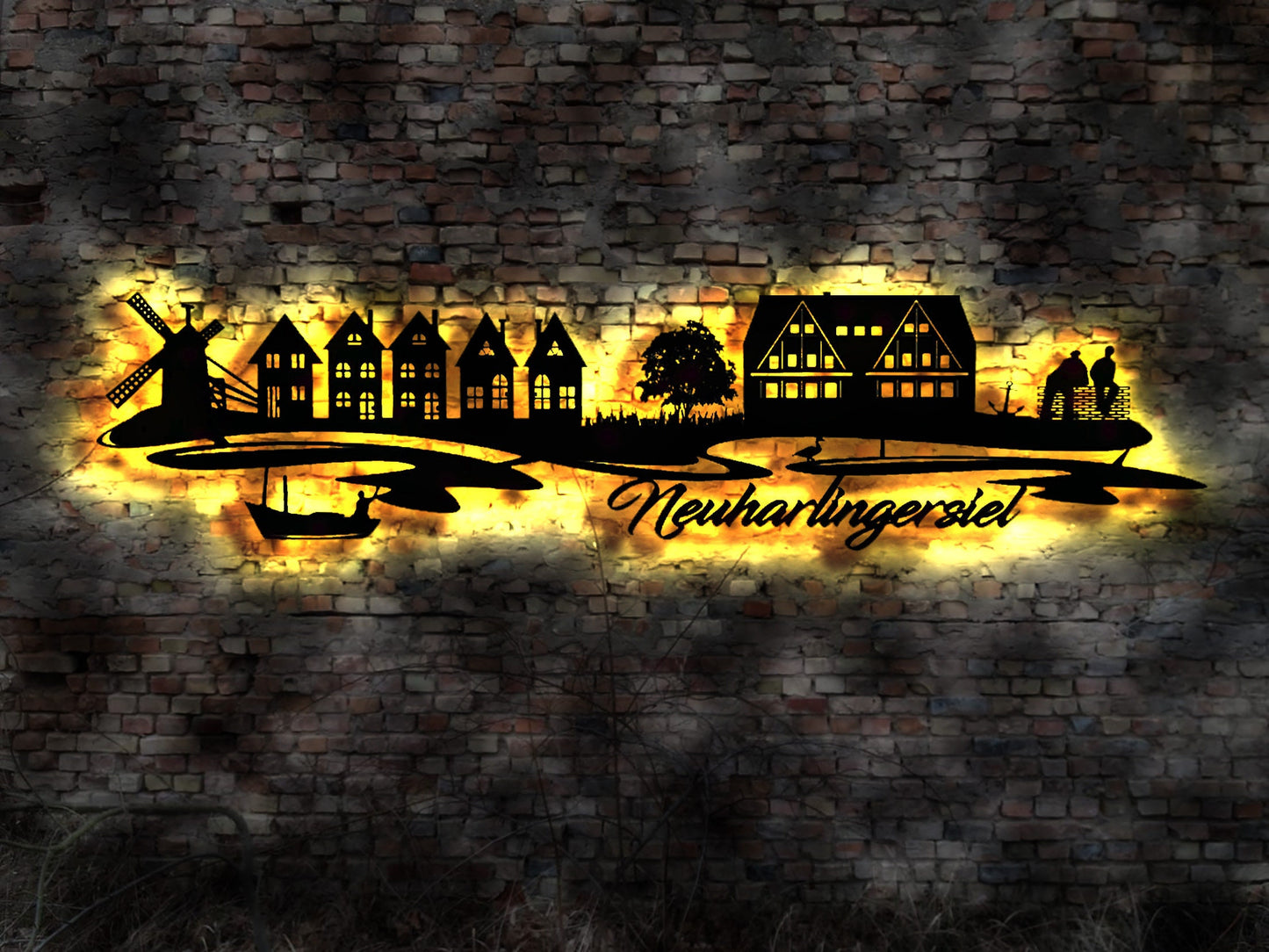 Skyline Neuharlingersiel  Wattenmeer  Holz Stadt AK Karte Map Wandsticker Leuchtbild Neonreklame Wandtattoo Reiseführer Silhouette