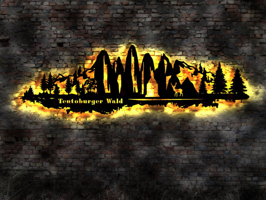 Skyline Teutoburger Wald   LED Wandbild   Holz Stadt AK Karte Map Wandsticker Leuchtbild Neonreklame Wandtattoo Reiseführer Silhouette