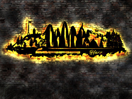 Skyline Harz LED Wandbild   Holz Stadt AK Karte Map Wandsticker Leuchtbild Neonreklame Wandtattoo Reiseführer Silhouette