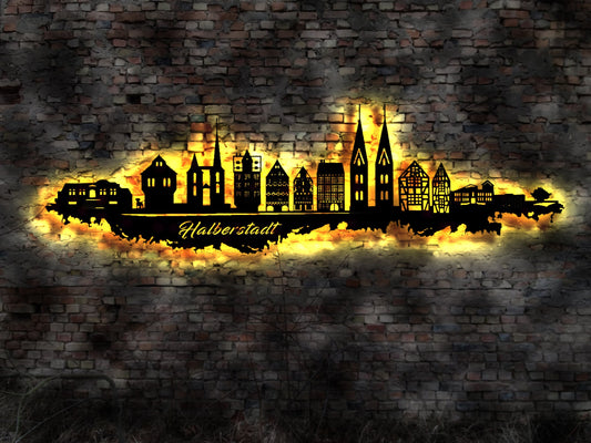 Skyline Halberstadt LED Wandbild Holz Stadt AK Karte Map Stadtplan Wandsticker Leuchtbild Neonreklame Wandtattoo Reiseführer Silhouette