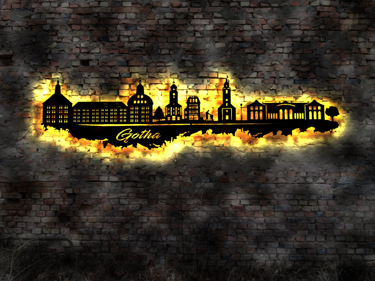Skyline Gotha  LED Wandbild Holz Stadt AK Karte Map Stadtplan Wandsticker Leuchtbild Neonreklame Wandtattoo Reiseführer Silhouette