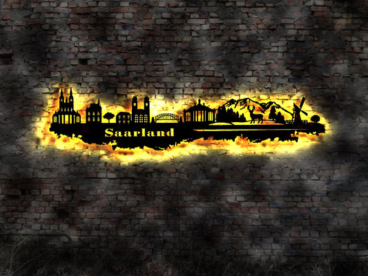 Skyline Saarland Saarbrücken LED Wandbild Holz Stadt AK Karte Map Stadtplan Wandsticker Leuchtbild  Wandtattoo Reiseführer Silhouette
