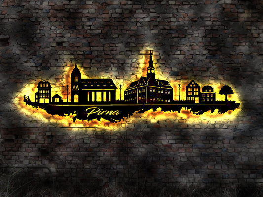 Skyline Pirna LED Wandbild Holz Stadt AK Karte Map Stadtplan Wandsticker Leuchtbild Neonreklame Wandtattoo Reiseführer Silhouette