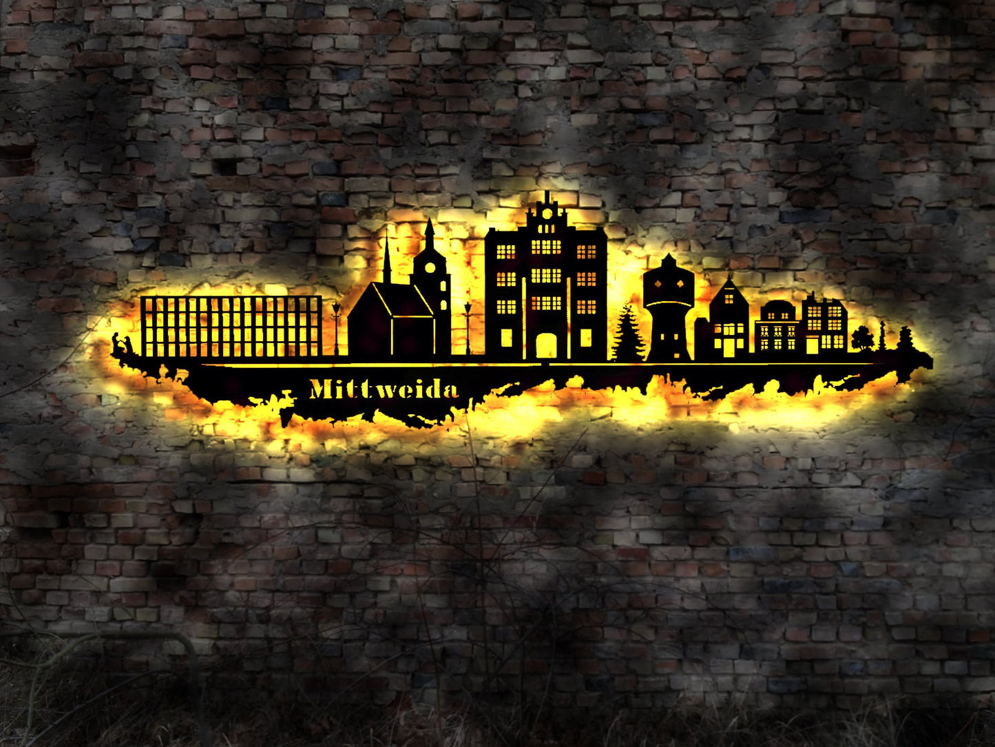 Skyline Mittweida  LED Wandbild Holz Stadt AK Karte Map Stadtplan Wandsticker Leuchtbild Neonreklame Wandtattoo Reiseführer Silhouette