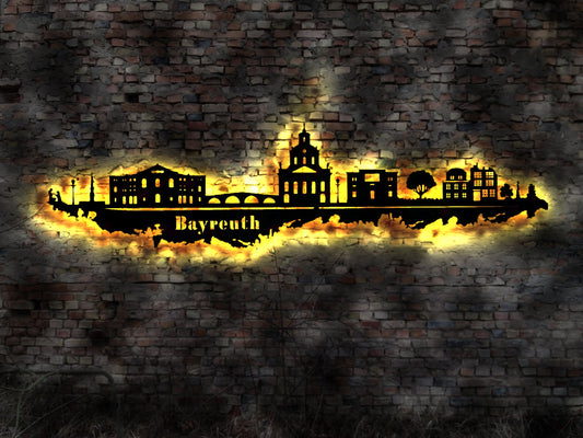Skyline Bayreuth LED Wandbild Holz Stadt AK Karte Map Stadtplan Wandsticker Leuchtbild Neonreklame Wandtattoo Reiseführer Silhouette