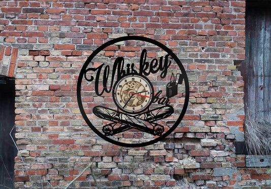 Wanduhr Uhr Leuchtreklame Whiskey no Gläser Irish drink bottle  Bar Tresen Holzfass Whyskeyfass Sammlung Bottles Collection Whiskey clock