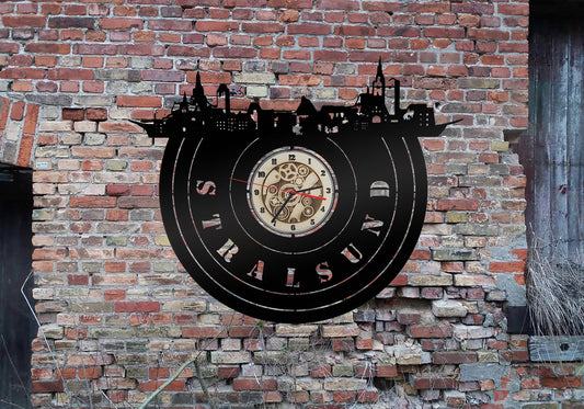 Stralsund Hansestadt  Wanduhr Uhr Holzuhr Uhren Ziffernblatt Clock Holz Armbanduhr Skyline Silhouette Rostock Aufkleber